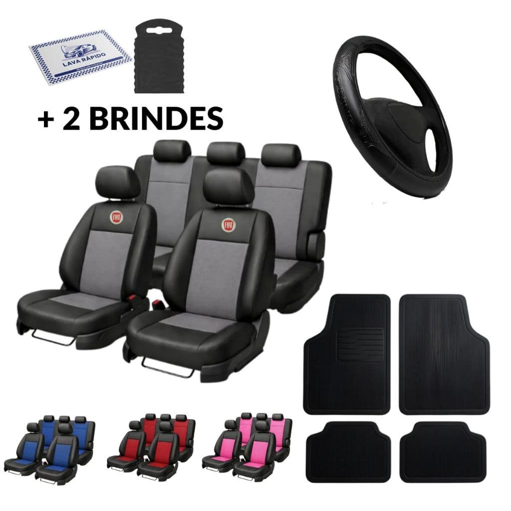 Kit Completo Capa de Banco Couro Fiat + Tapete Automotivo 4 Peças + Capa de Volante Esportivo Colorido