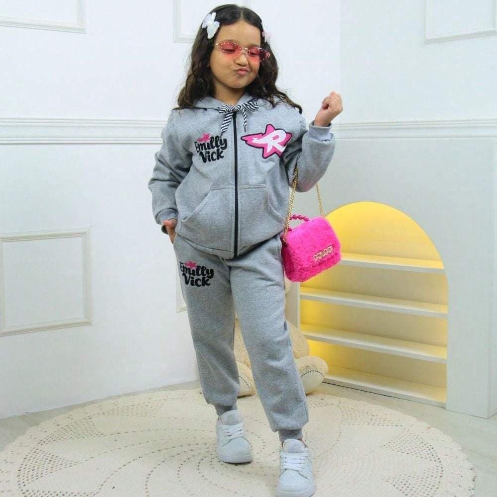 Conjunto infantil, moletom flanelado, feminino, quentinho, confortável, estampa estrela, jaqueta com capuz, zíper, bolso