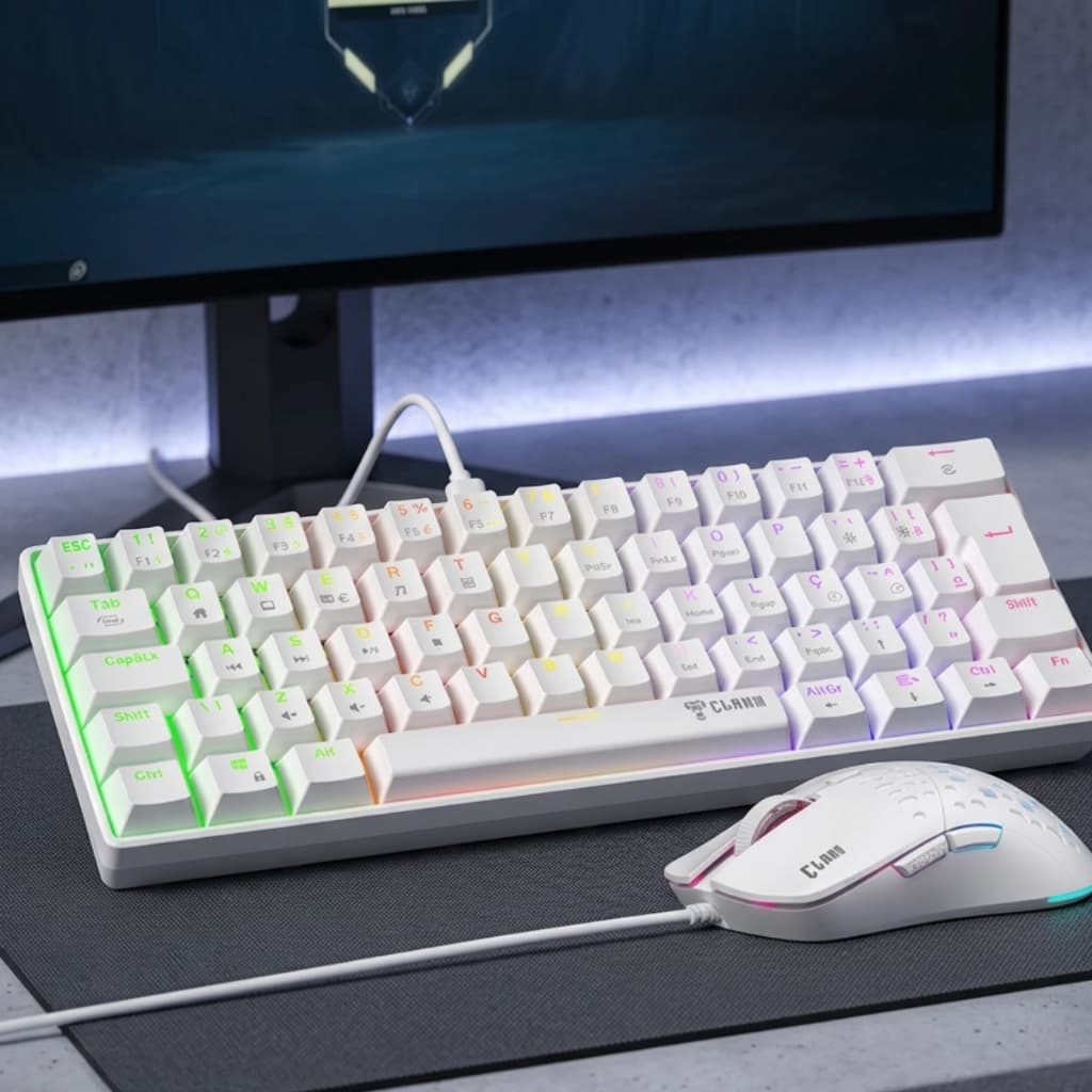 Kit Combo Teclado Mecanico Gamer + Mouse Gamer com Fio RGB Branco Reaver Clanm Premium Novo
