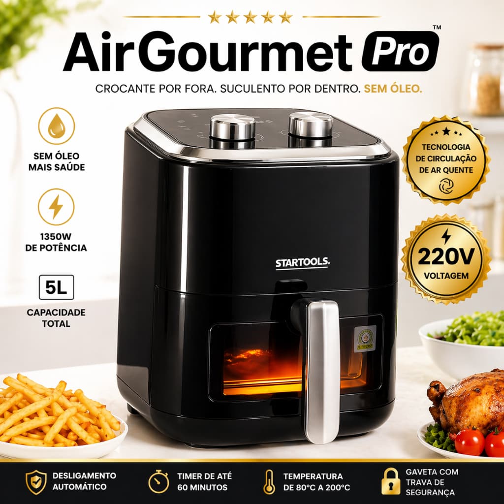 Fritadeira Sem Óleo 5L Air Fryer 220V | Capacidade Grande Preta Cozinha Saudável Antiaderente Assar