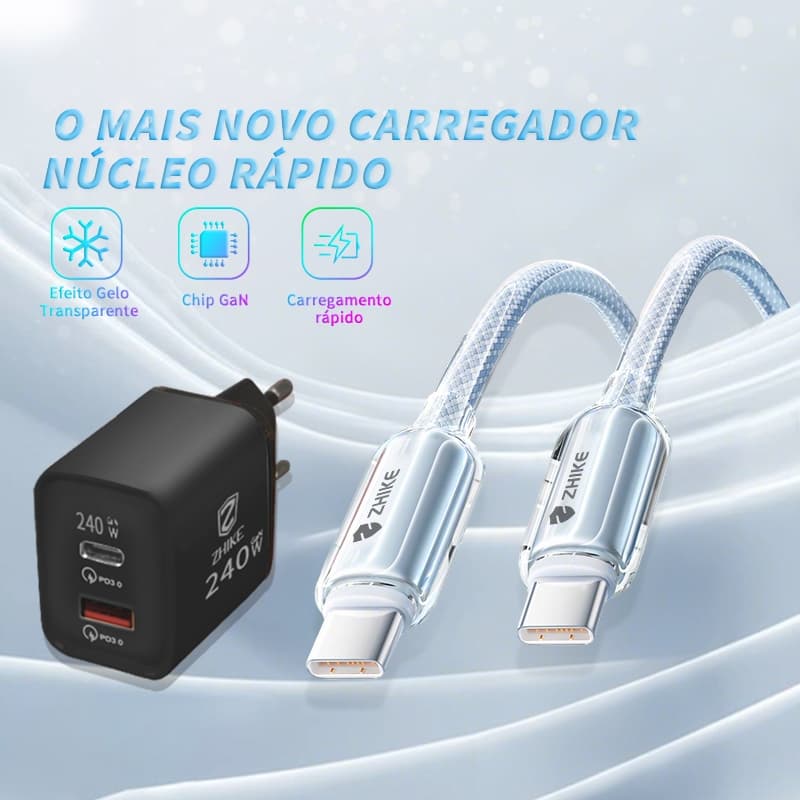 Carregador Cabo Carregamento Rápido Tipo C Para Tipo C Com GaN Adaptador 1,0 M Silicone e Nylon Cabo
