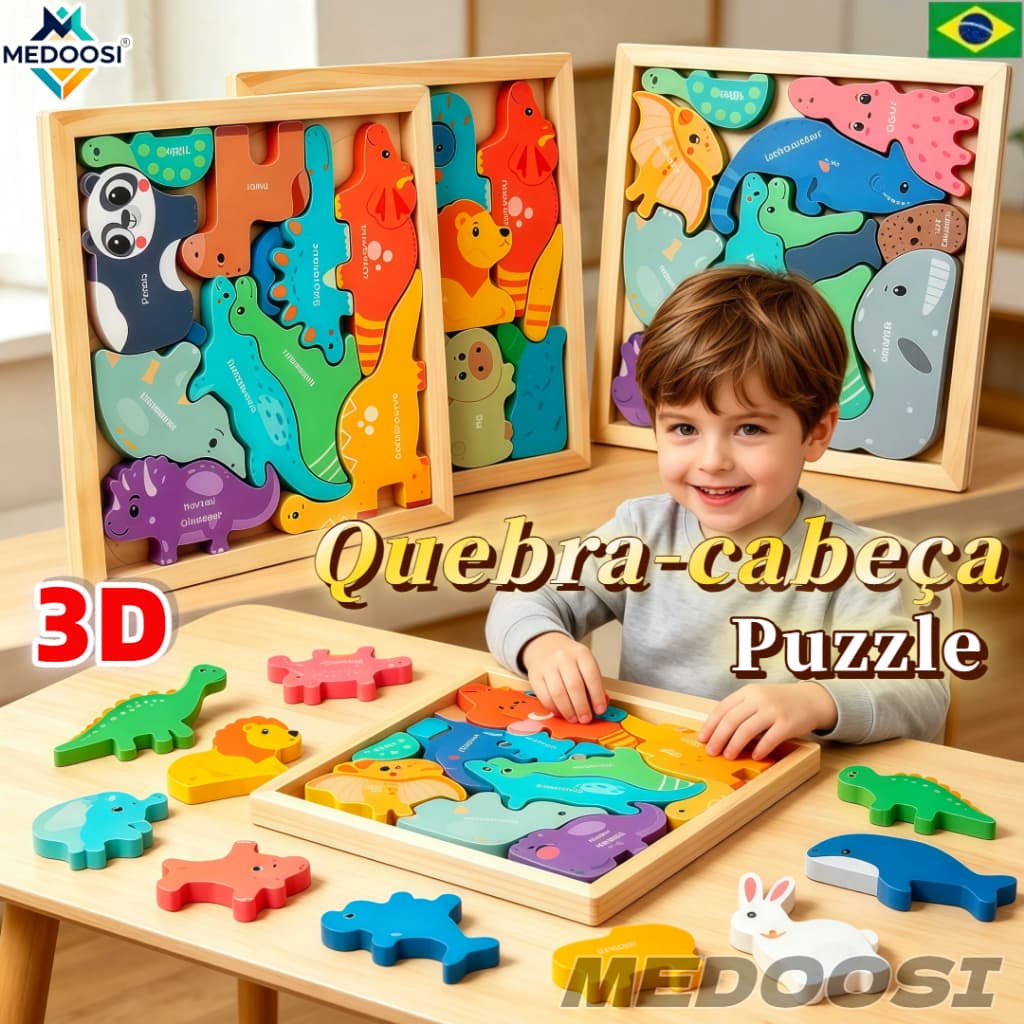 MEDOOSI Quebra-Cabeça 3D Educativo | Jogo Madeira Montessori de Encaixe para Bebê/Crianças Brinquedo Pedagógico Sensoria