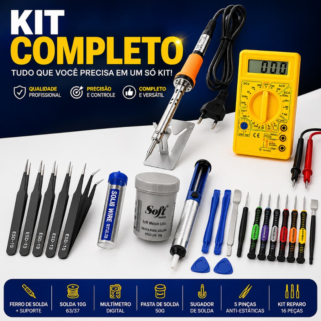 Kit de Solda com Multímetro Digital e Ferramentas Completas