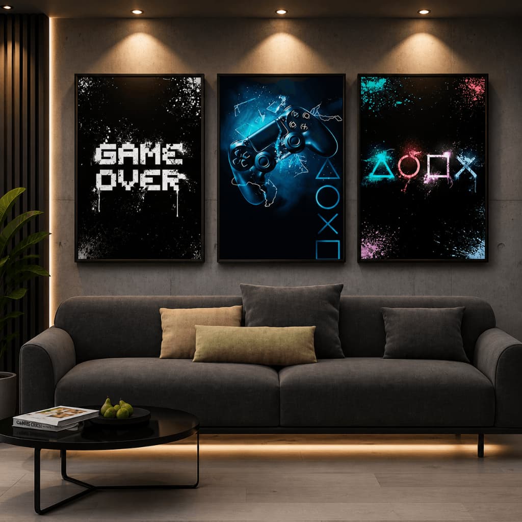 Kit 3 Quadros Decorativos Gamer Game Over Controle Video Game Sala Quarto MDF