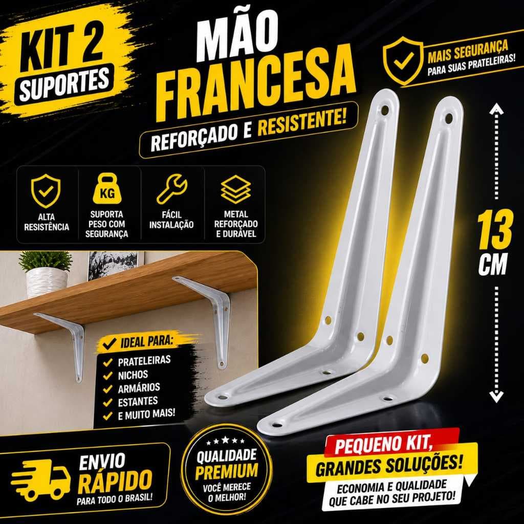Kit 2 Suportes Mão Francesa 13cm Reforçado Branco Alta Resistência Prateleira Parede