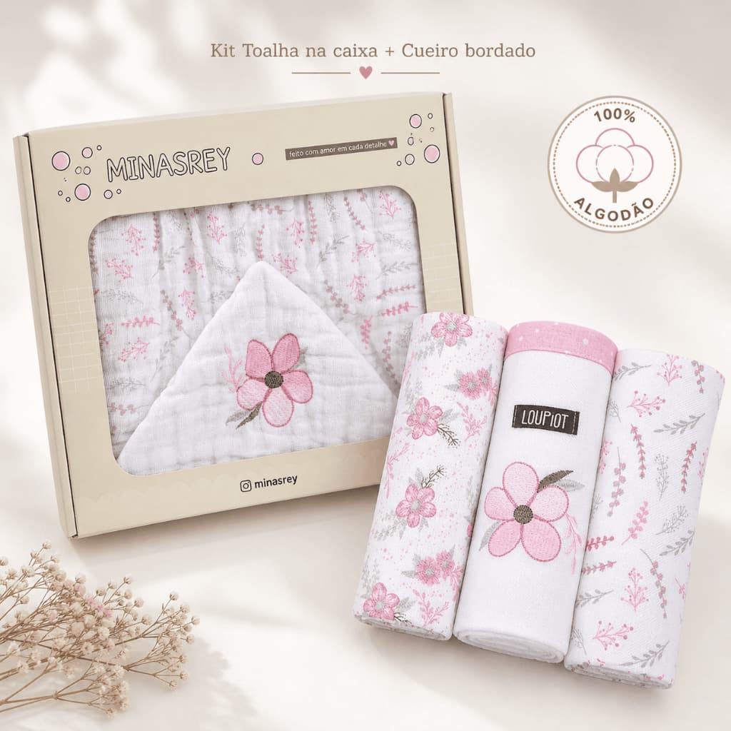 Kit Presente Bebê Toalha Capuz Bordada + 3 Cueiros Flanelados 100% Algodão Enxoval Recém-Nascido Chá Bebê