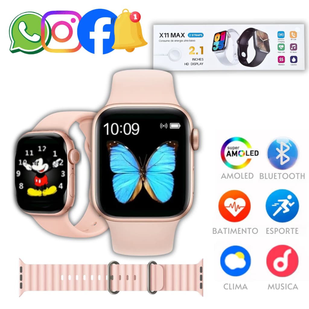 Relógio Digital Smartwatch Troca Foto Recebe Notificações Redes Sociais Feminino Masculino X11 Pro