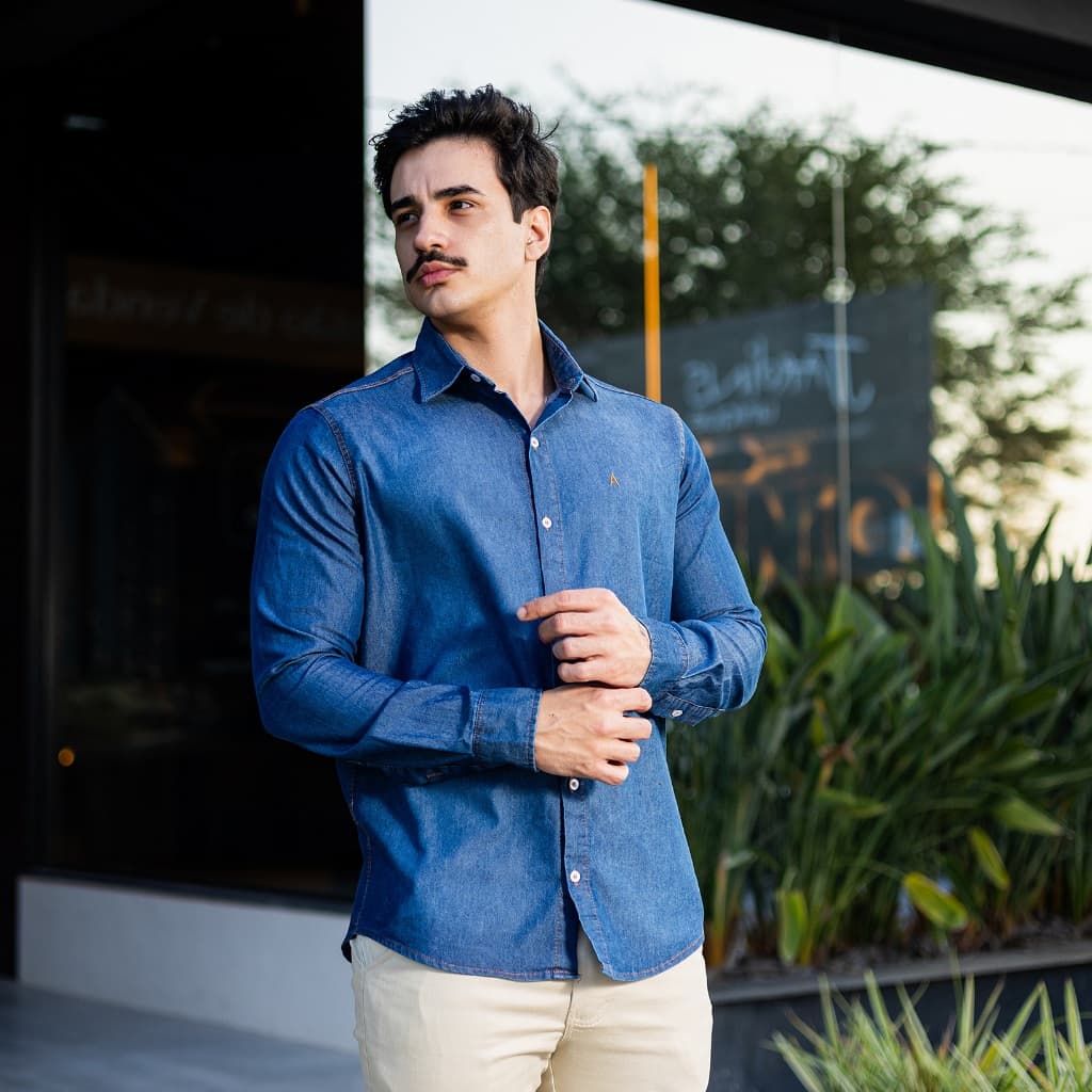 Camisa Jeans Masculina Manga Longa Casual Slim Fit Confortável Resistente Premium