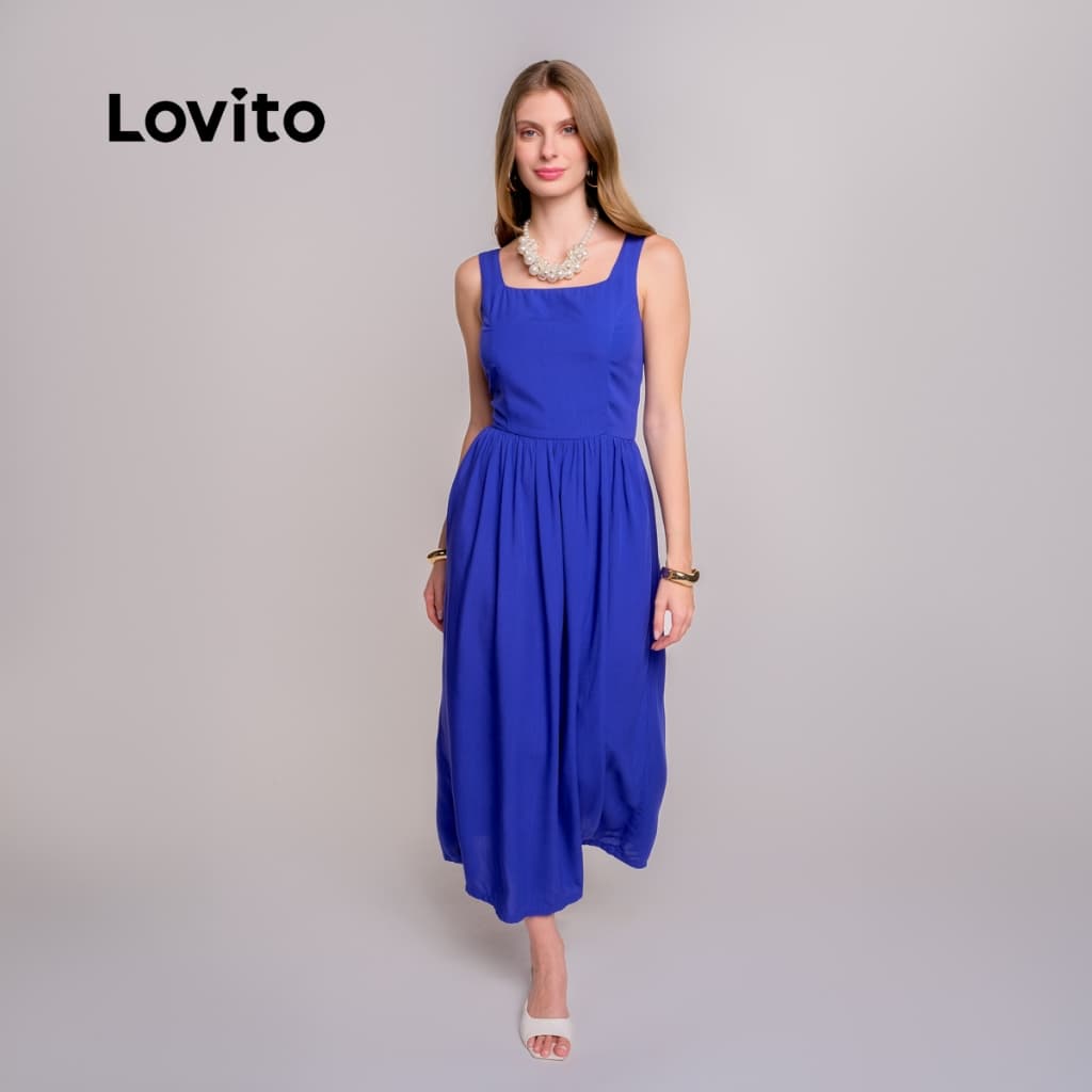 Lovito Vestido Feminino Midi Rodado com Alças Largas Moda Feminina  DRB1362BRL1392