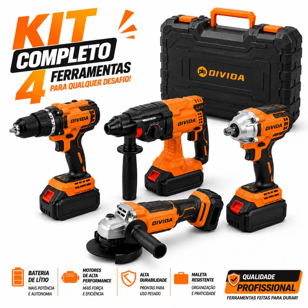 Kit 4 ferramentas 48v Completo Maleta Furadeira Parafusadeira Chave Impacto Esmerilhadeira Angular Martelete Rompedor