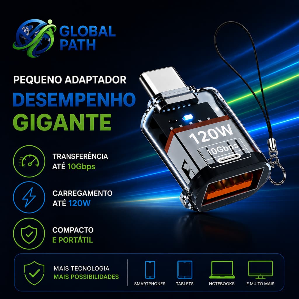 Cabo Adaptador USB C Macho p/ USB A Fêmea OTG 10Gbps PD 120W Carregamento Rápido Dados Plug & Play