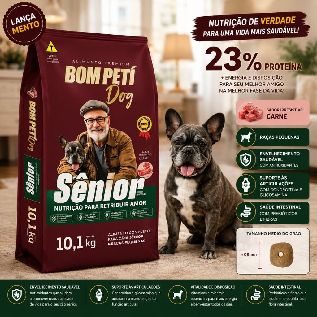 Ração Cachorro Sênior Raças Pequenas 10kg Bom Petí Dog Premium Sabor Carne 23% Proteína