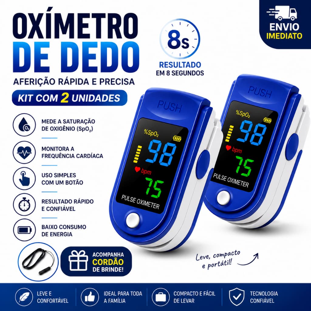 Oxímetro Digital de Dedo Portátil LED Medidor SpO2 Saturação de Oxigênio e Frequência Cardíaca Monitor de Pulso com Tela