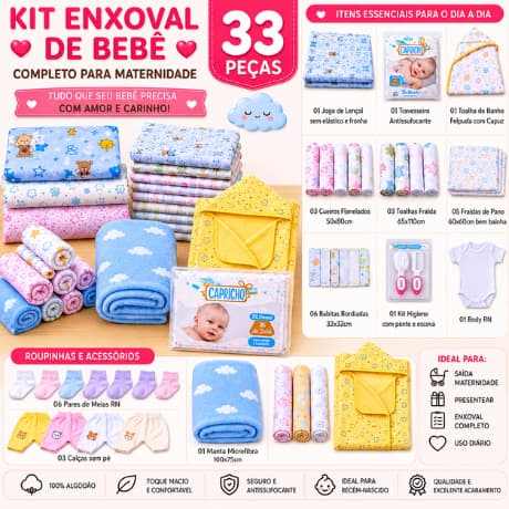 Kit Enxoval Bebê 33 Peças Completo 100% Algodão Recém-Nascido RN Maternidade Menino Menina