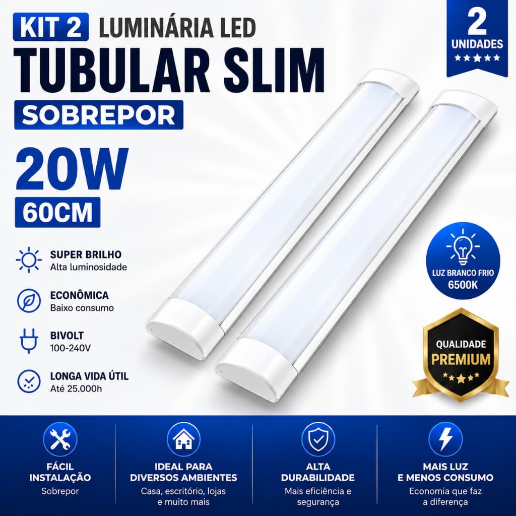 Kit 2 Luminárias LED Sobrepor 20W 60cm Slim Branco Frio Tubular Econômica Cozinha Quarto Loja