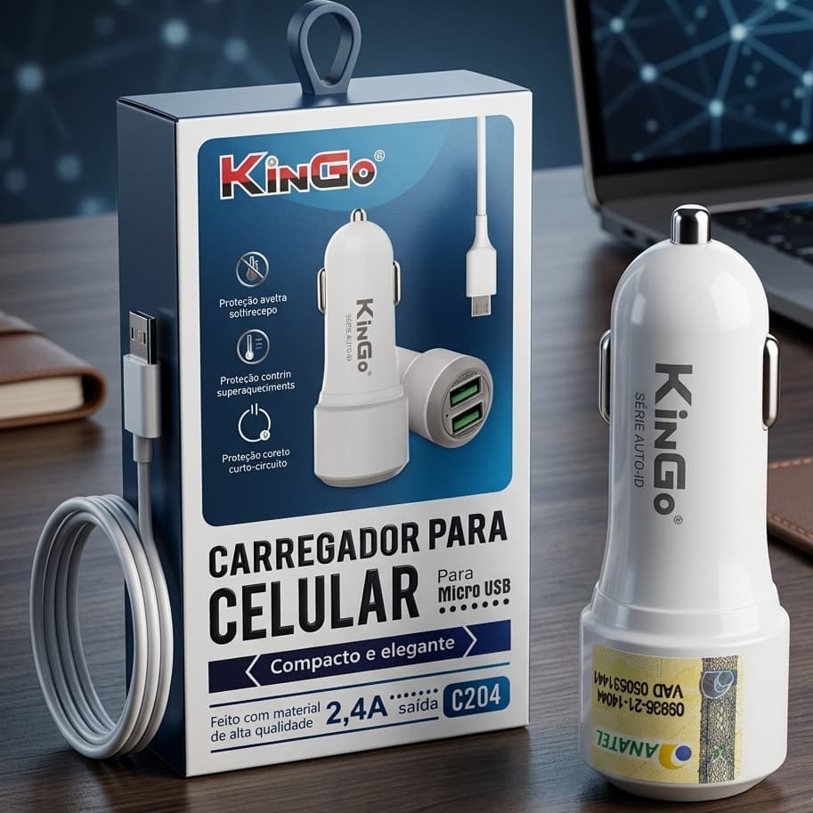Carregador Veicular Para Micro USB V8 Com Duas Entradas USB Kingo C204