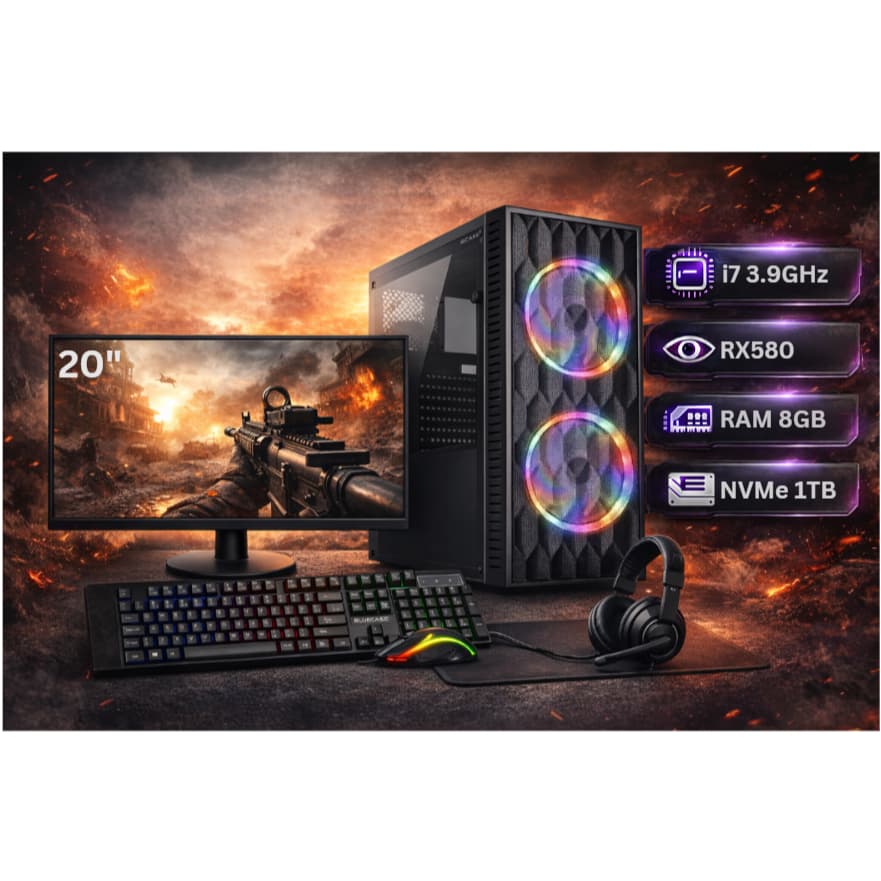 Computador Gamer Intel Core i7 + RX580 8GB + NVMe 1TB + 8GB de RAM + Monitor 20"