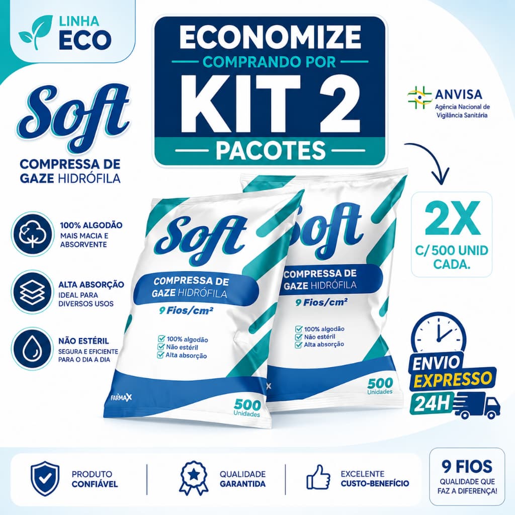 Kit 2 Compressa De Gaze 9 Fios 1000 Unidades Soft Hidrófila Gazes Descartável Anvisa