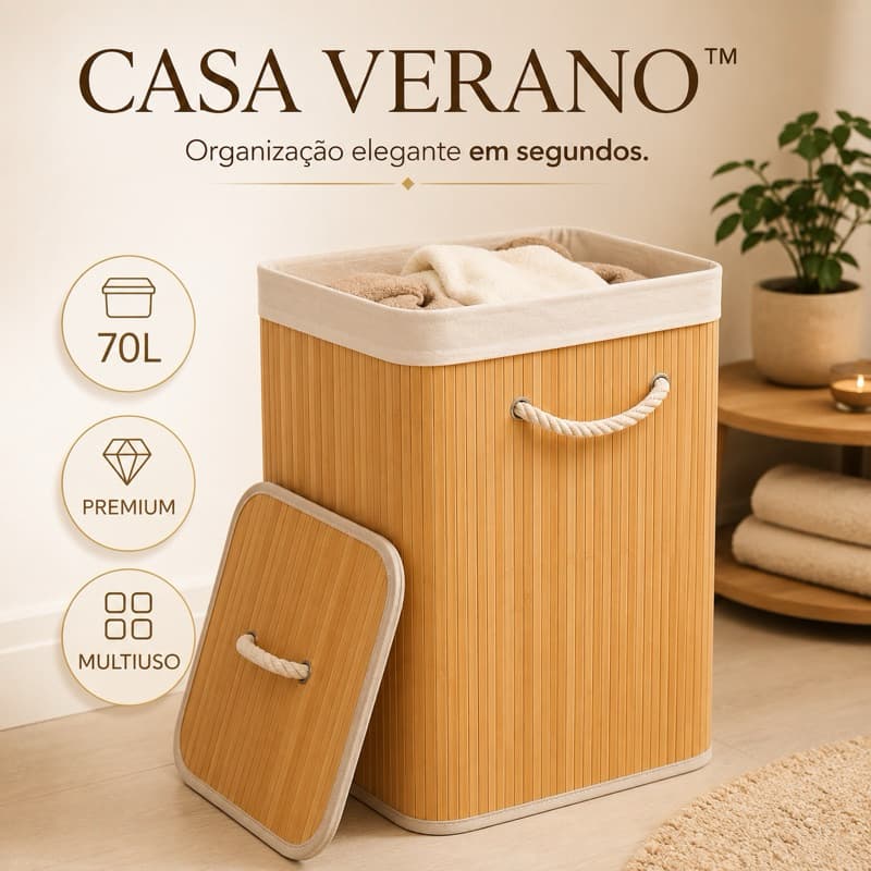 Cesto Organizador Bambu Com Tampa Capacidade 70 Litros Alcas Resistente Casa Quarto Banheiro