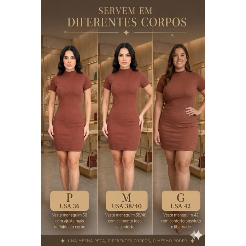 Kit 2 Vestidos Gola Alta Feminino Canelado Manga Curta Ajustado Básico Moda Feminina