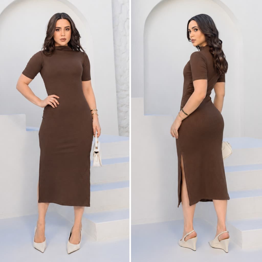 Vestido Midi Feminino Canelado Manga Curta Zero Transparência Premium