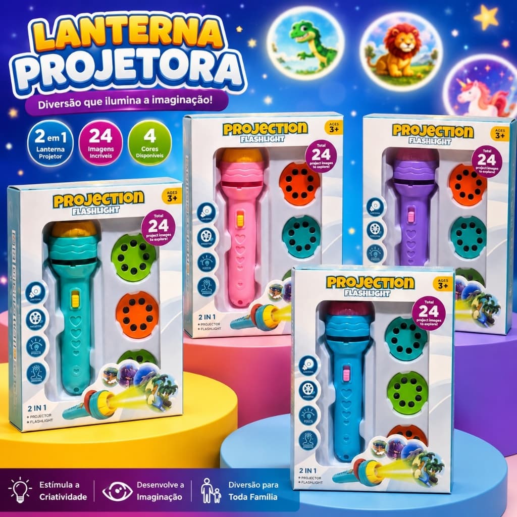 Lanterna e Projetor Infantil 2 em 1 24 Imagens 3 Discos Diferentes Brinquedo Educativo Com Bateria