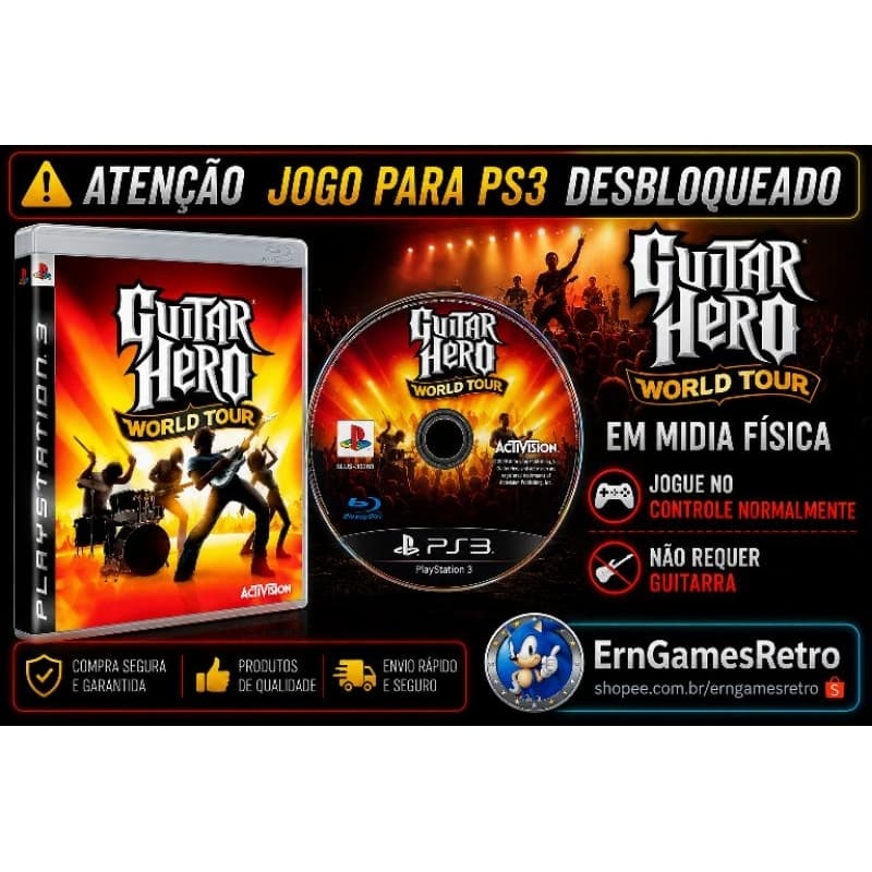 Guitar Hero World Tour, Ps3 Desbloqueado HEN ou CFW - Mídia Física - Jogue no Controle (Joystick), Não Requer Guitarra