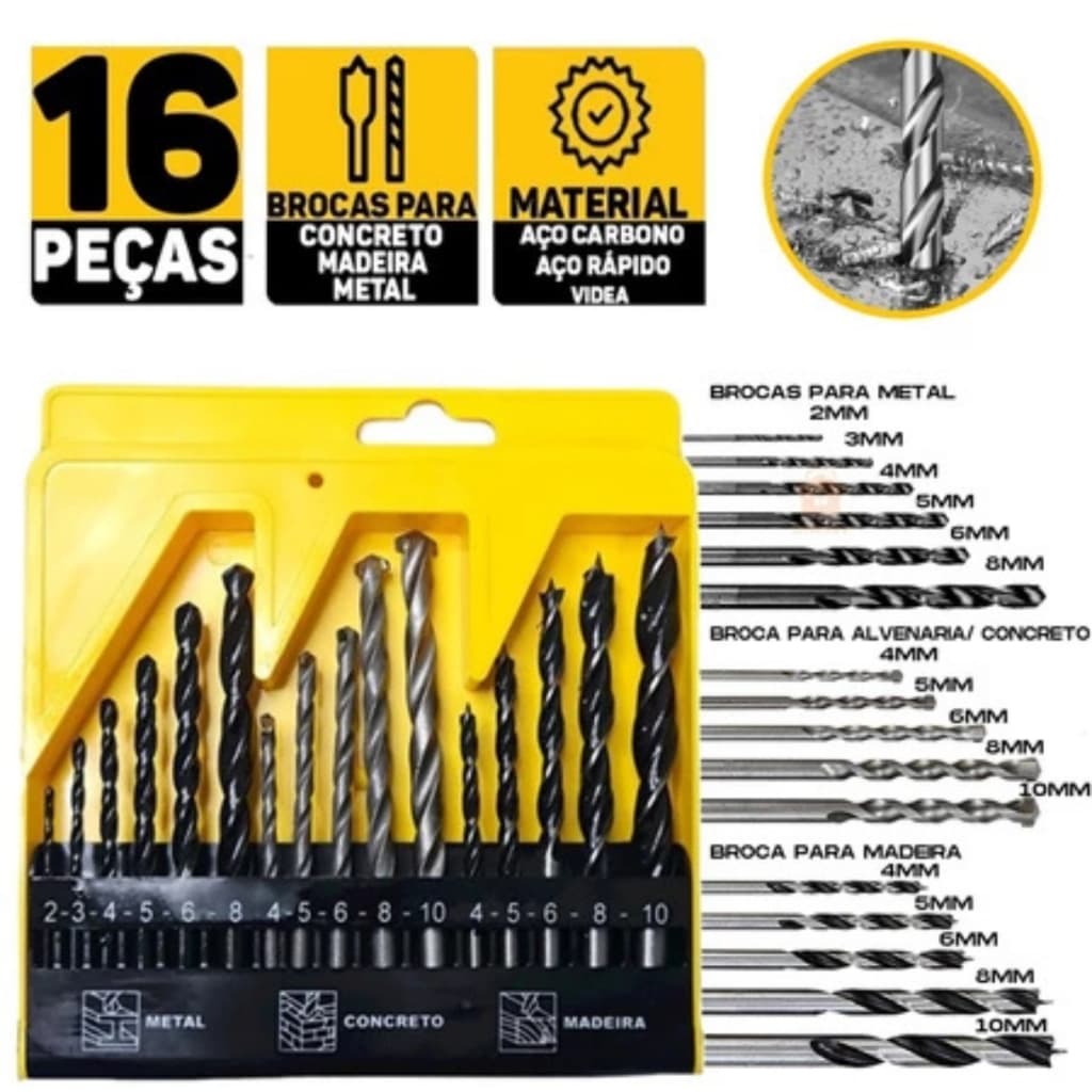 Jogo De Brocas 16 Peças C/ Estojo Para Madeira Ferro Concreto Metal Aço Furadeira Parafusadeira