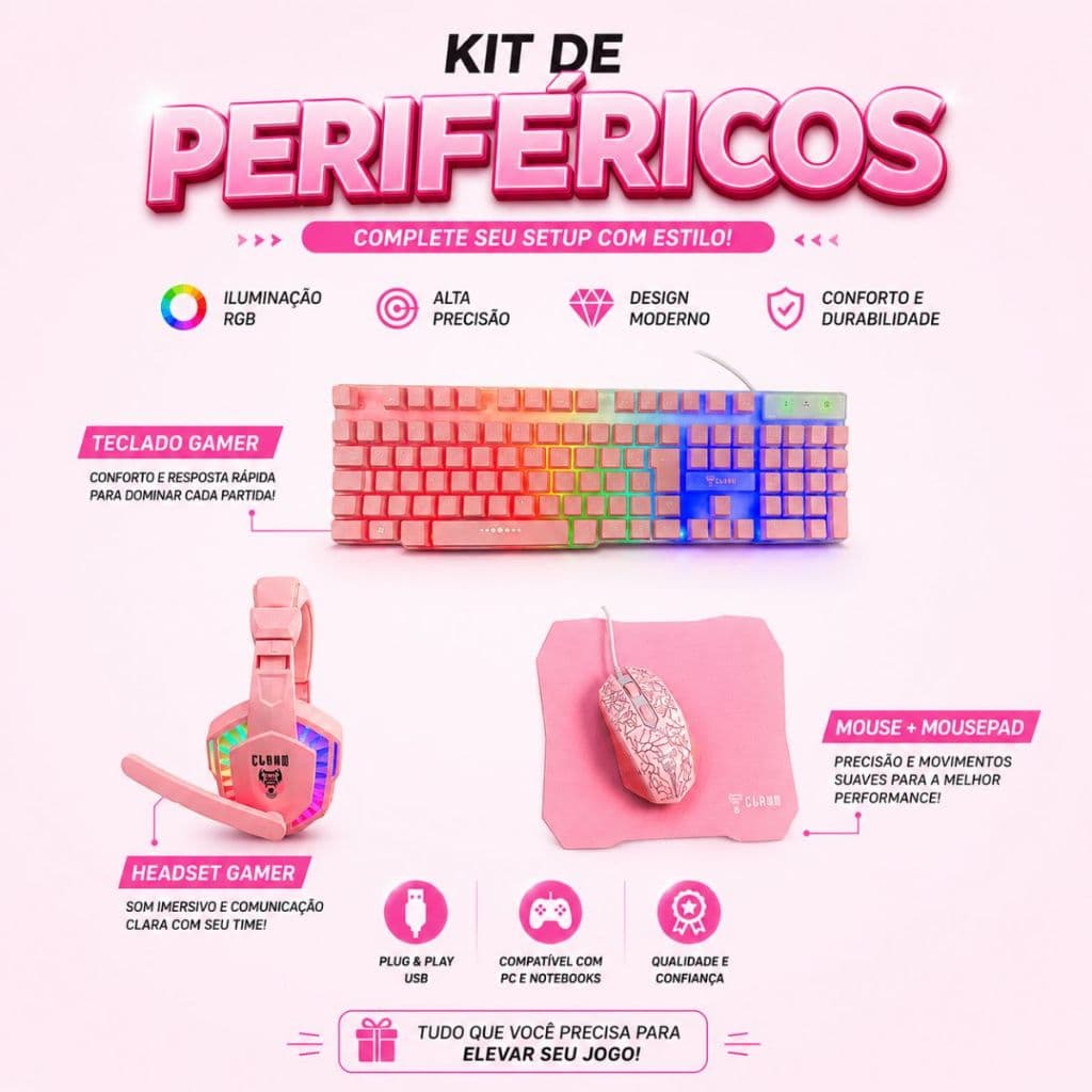Kit Gamer Rosa Teclado Semi Mecânico Mouse e Headset LED RGB Evolut EG53