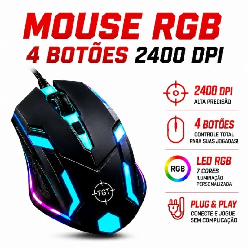 Mouse Gamer 7 cores LED RGB 2400 dpi 4 Botões com fio USB, Pc Gamer, Notebook, Celular