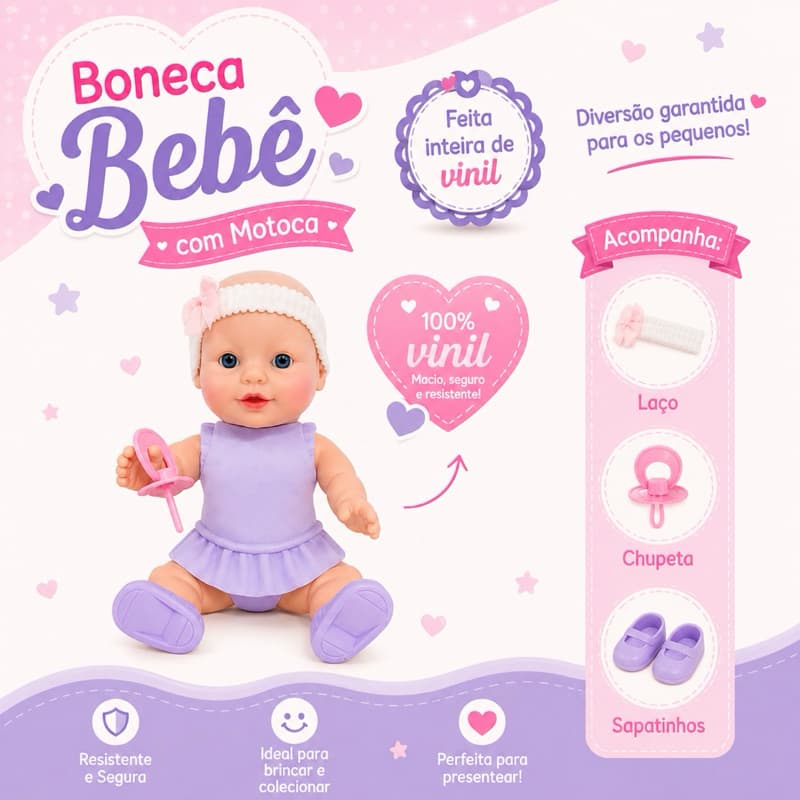 Boneca Bebê Realista 20cm Lilás com Chupeta, Laço e Sapatos