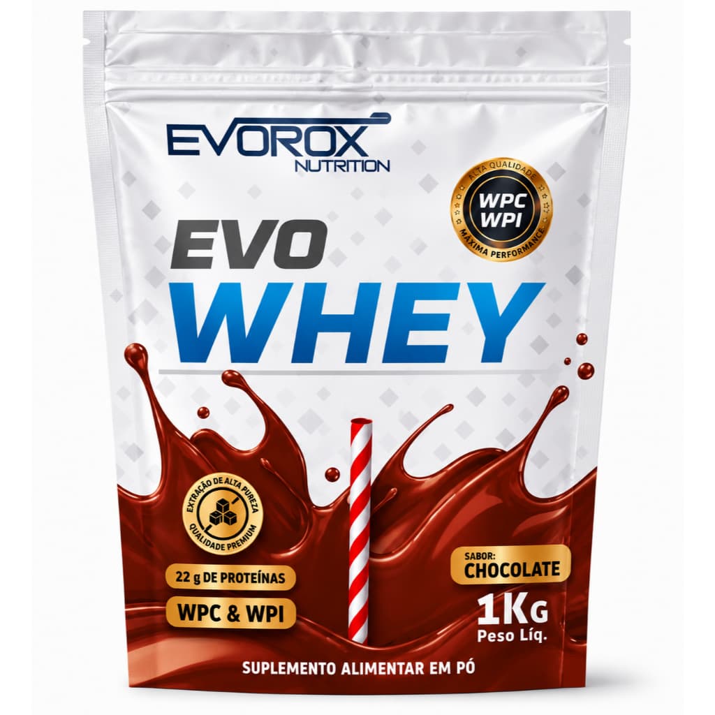 Whey Protein Isolado e Concentrado 1Kg Evorox - 22g proteína Chocolate Melhor Custo Benefício