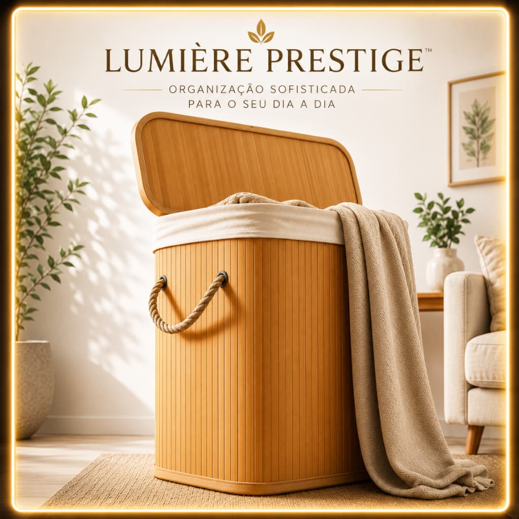Lumière Prestige™ Cesto de Roupa em Bambu 70L – Tampa Dobrável e Organizador Multiuso para Lavanderia, Banheiro, Quarto