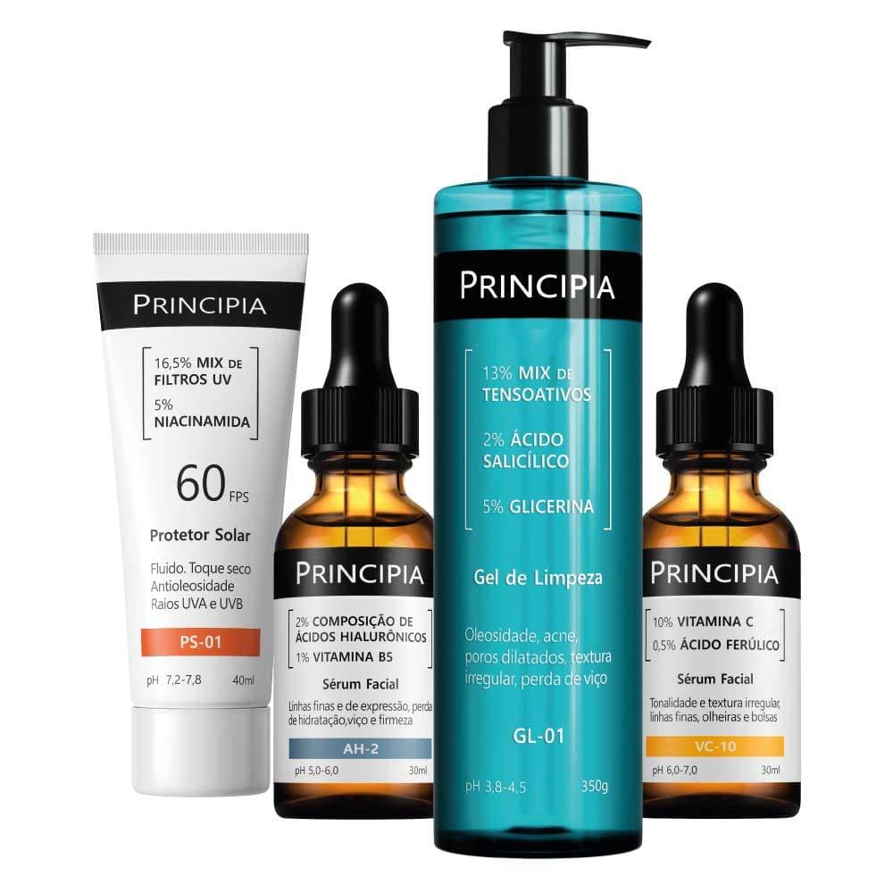 Principia Kit Essencial VC c/ Limpeza GL-01 + Sérum Vitamina VC-10 + Sérum Hialurônicos AH-2 + Protetor Solar PS-01