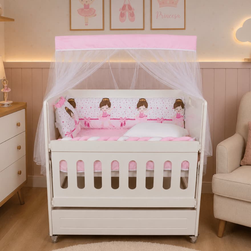 Kit Mini Berço Bailarina Rosa 10 Peças Bebê Menina Enxoval com Trança e Mosquiteiro Protetor Mini
