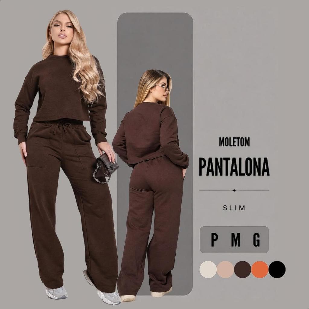 Conjunto Moletom Flanelado Calça Pantalona E Blusa Cropped Super Quentinho E Luxuoso