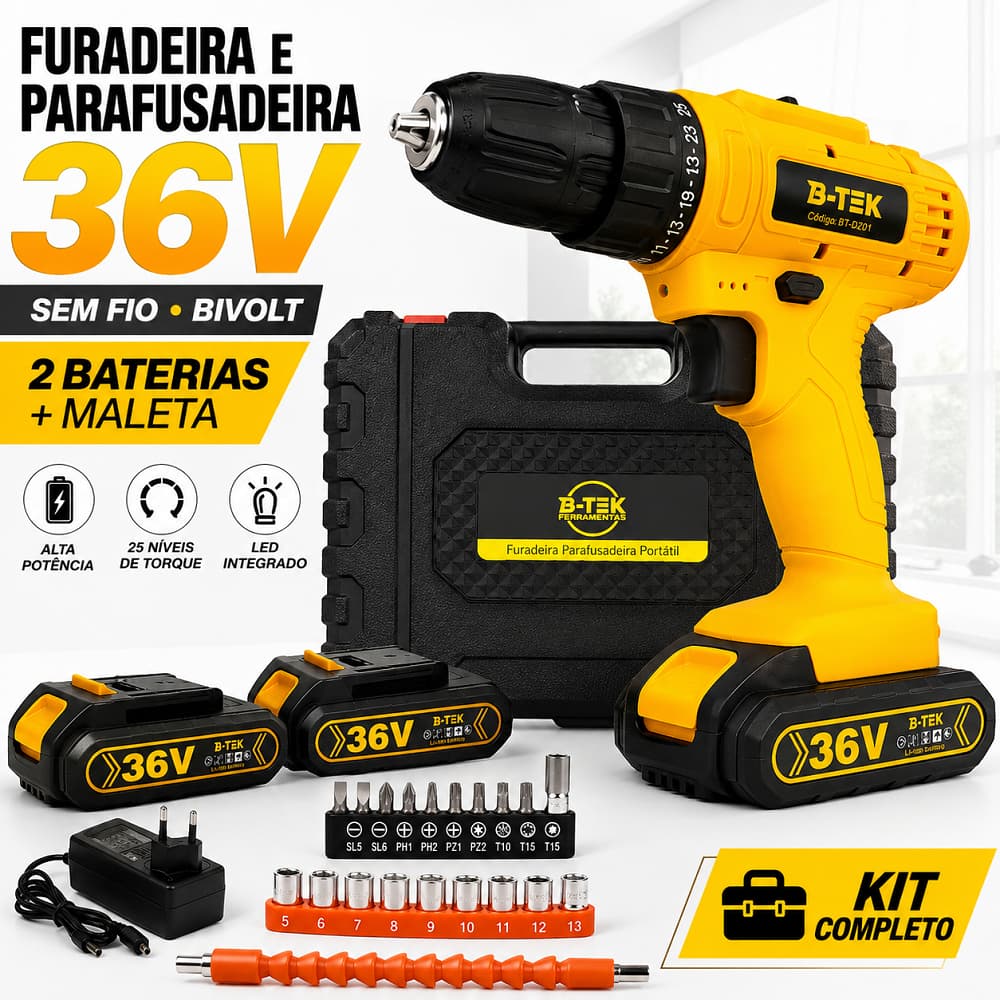 Furadeira Parafusadeira Sem Fio 36V 2 Baterias Bivolt Kit Completo Maleta Brocas e Acessórios Portátil Carregador Bivolt