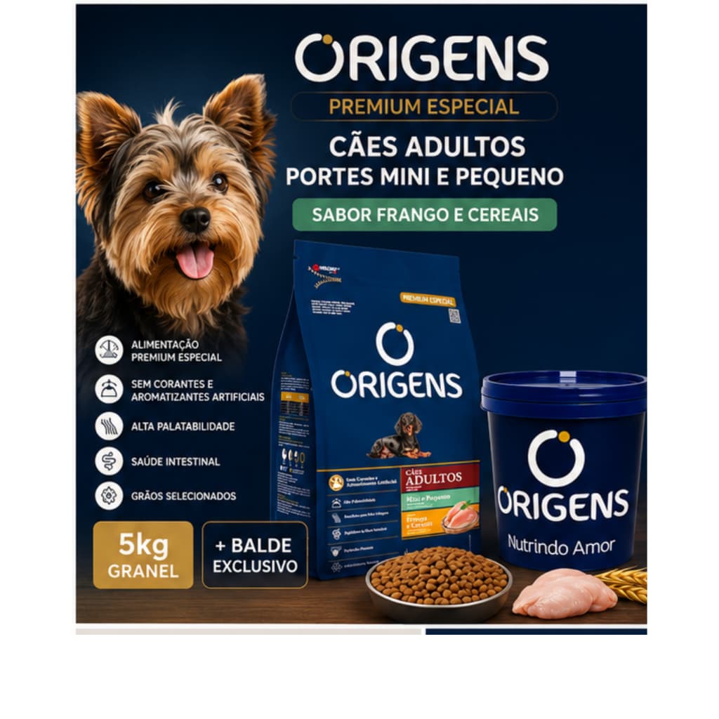 Ração Origens Premium Especial Cães Adultos Mini Pequeno Porte Frango Cereais 5kg Granel + Balde Exclusivo