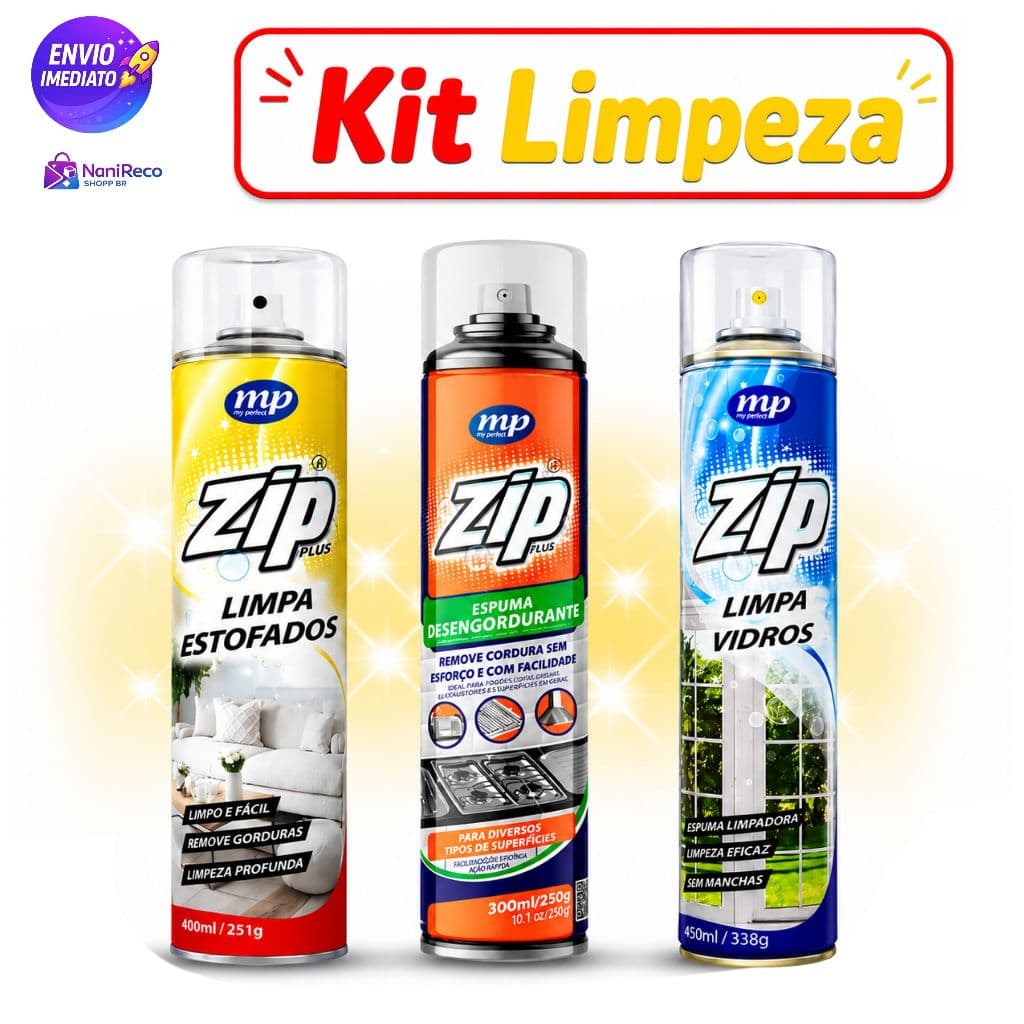 Kit Limpeza ZIP 3 Peças Limpa Estofados + Limpa Vidros + Espuma Desengordurante Multiuso Sofás Carros Cozinha Remove Man