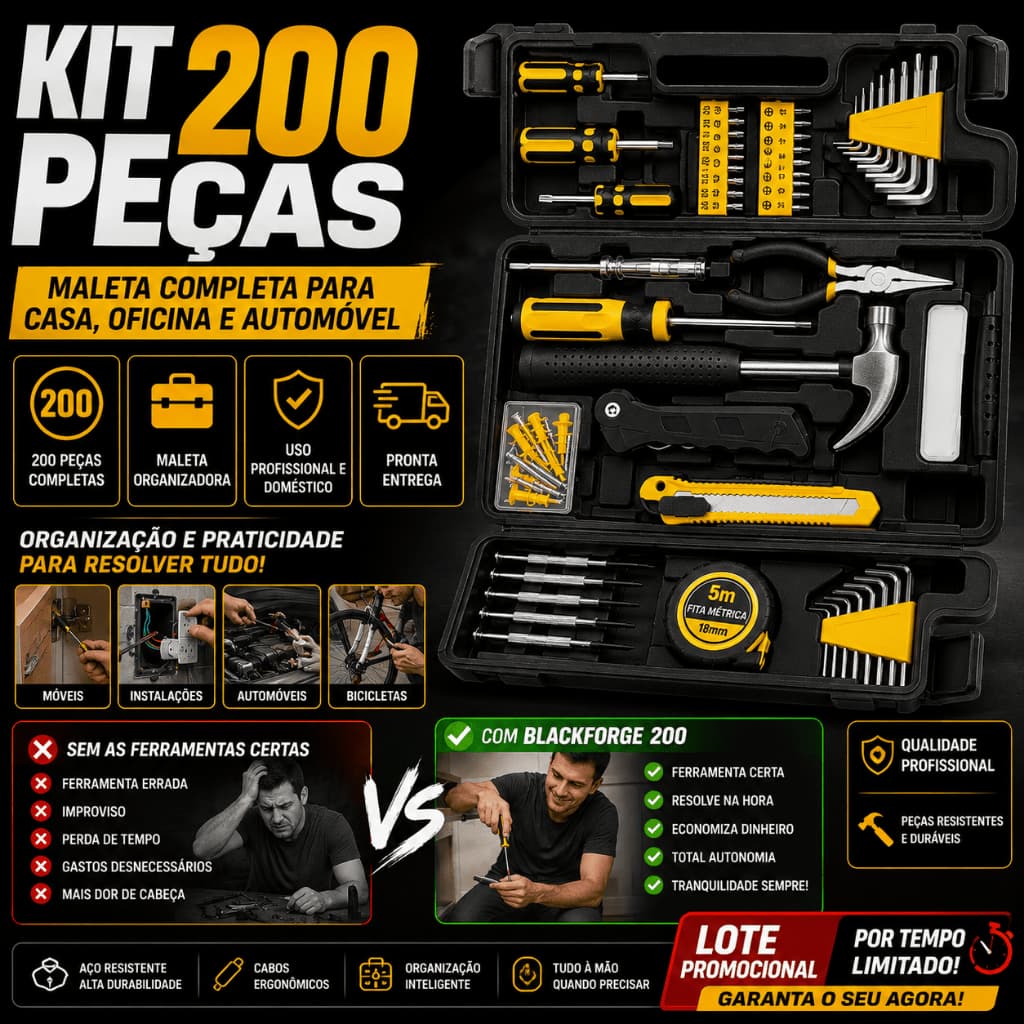 Kit Ferramentas 200 Peças Completo com Maleta Organizadora Profissional Casa Oficina Carro