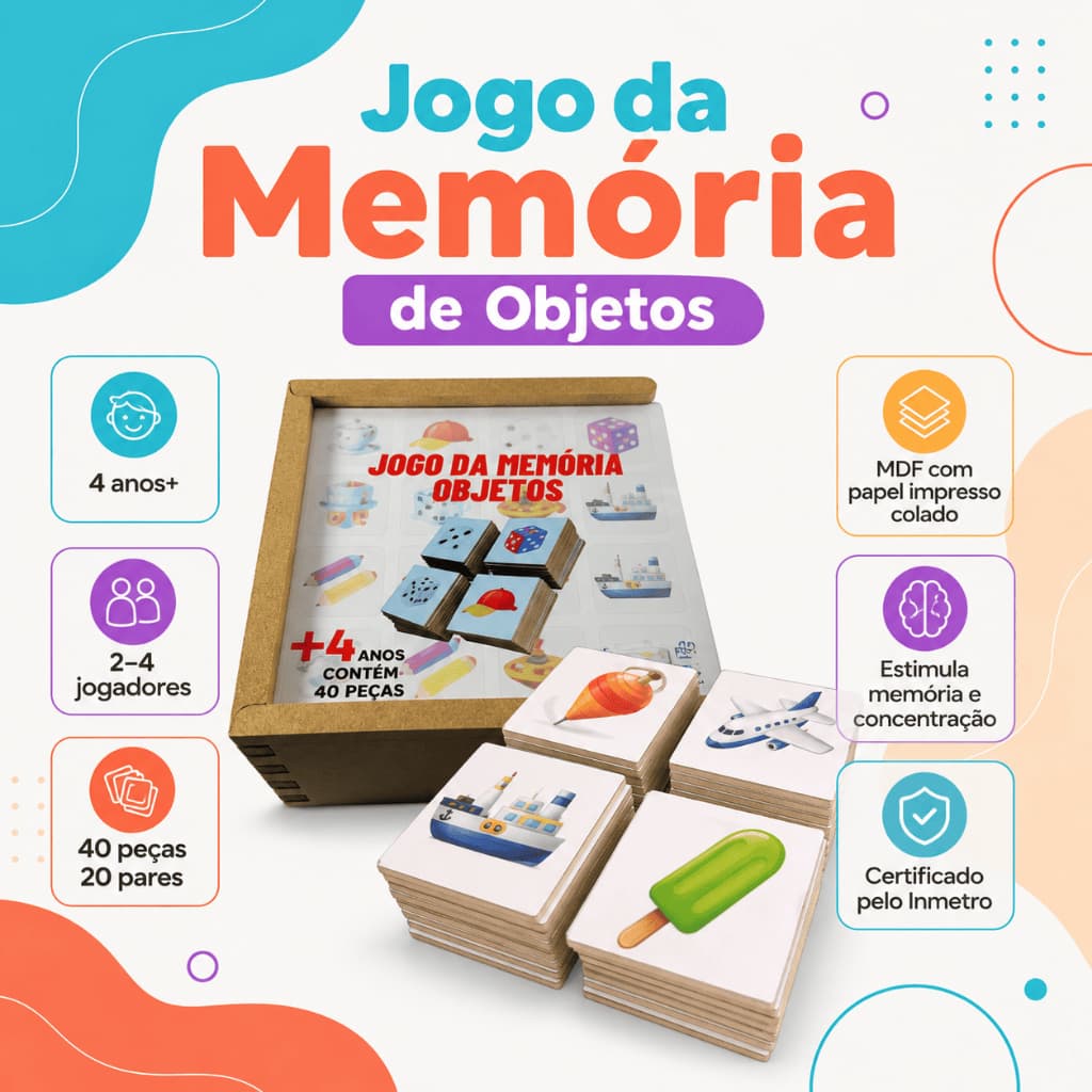 Jogo da Memória Objetos Brinquedo Educativo Infantil Pedagógico Alfabetização Madeira Menina Menino