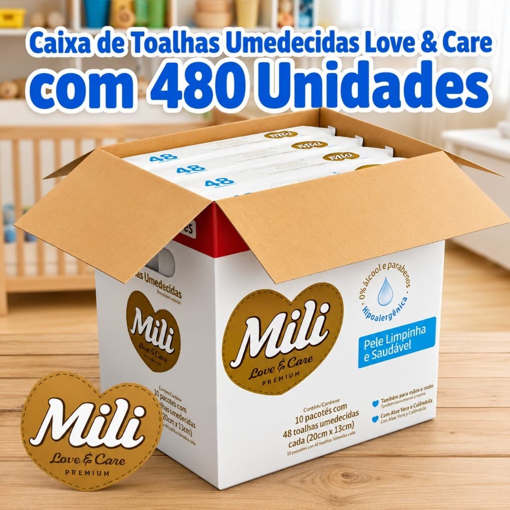 Caixa C/480, 960 ou 1920 Toalhas Umedecidas Mili Love & Care Premium, Hipoalergenico, Zero Álcool e Parabenos