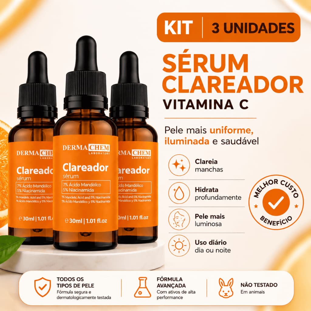 Kit 3 Sérum Facial Clareador Vitamina C Dermachem 30ml Anti Manchas