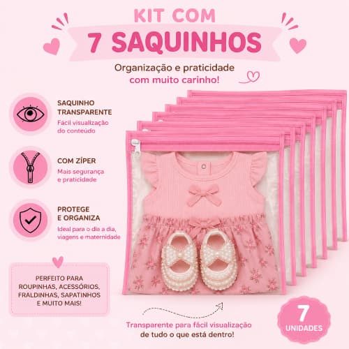 Kit 7 Saquinhos Maternidade Organizador Mala Bebê  Mala/Viagem/Roupa Molhada e Seca