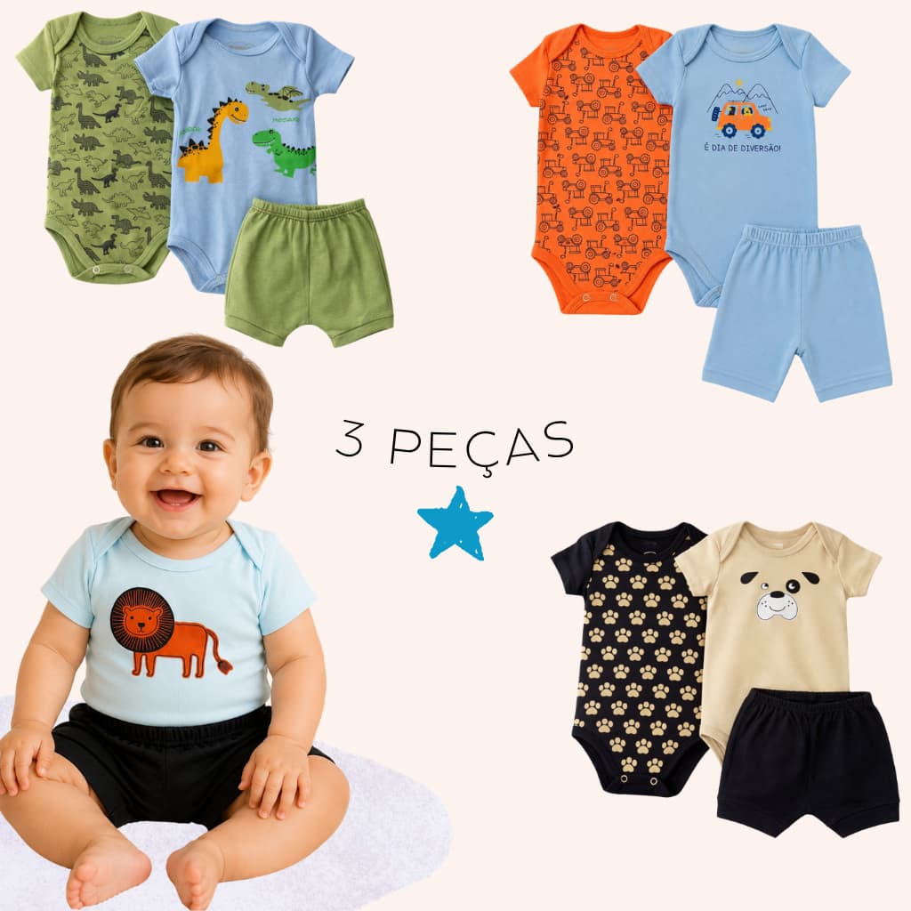 Kit 3 Peças Roupa Bebê Menino Body Manga Curta e Short Conjunto Verão Infantil Enxoval P ao GG