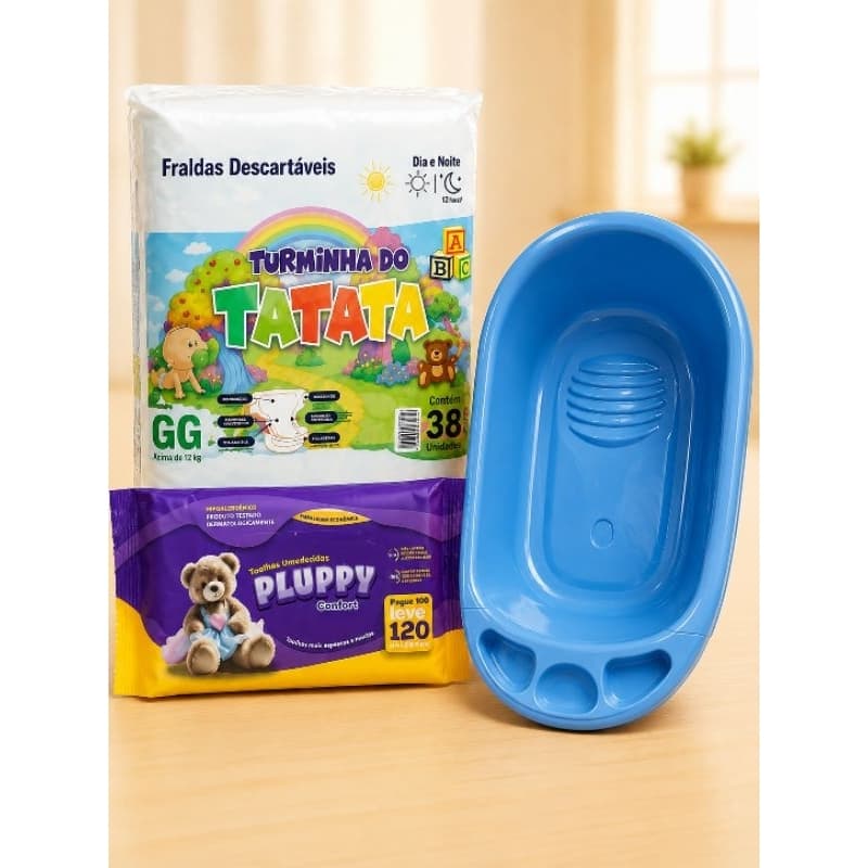 Pacotão Fralda Infantil Turminha do Tatata + Banheira Baby 30 litros + 120 un Toalhas Umedecidas Pluppy