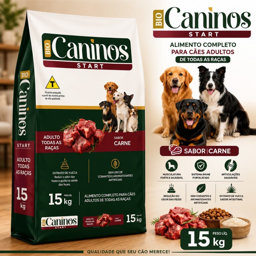 Ração Premium Para Cachorro 15kg Caninos Start Adulto Todas as raças Sabor Carne 18% Proteína