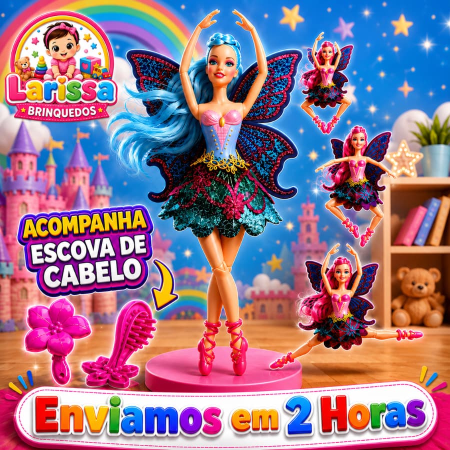 Boneca Bailarina Fada Infantil Menina Com Asas Ballet Articulada 30cm - Rosa - Azul - Roxa - Larissa Brinquedos