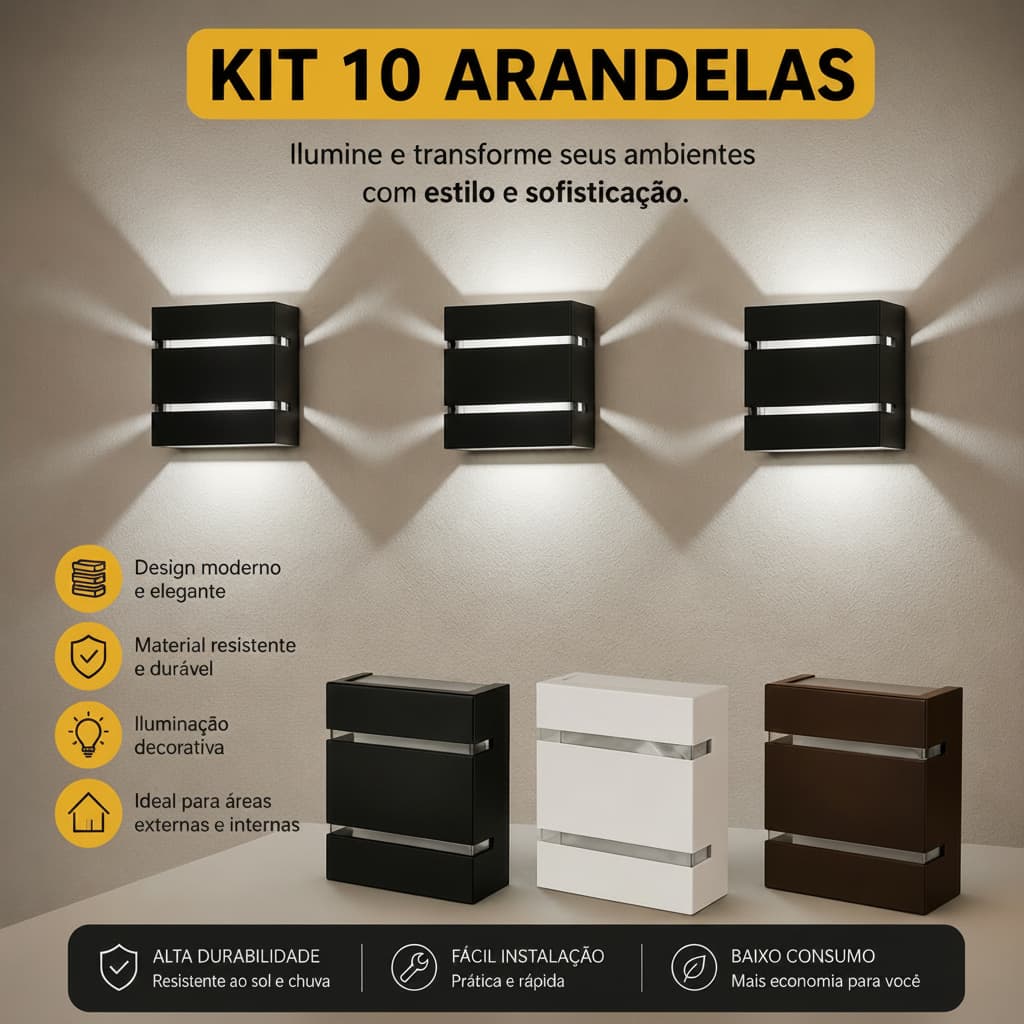 Kit 10 Arandela de Parede Slim Luminária Led Decorativa 2 Focos 2 Frisos Ideal P/ Parede Muros Jardim Sítios