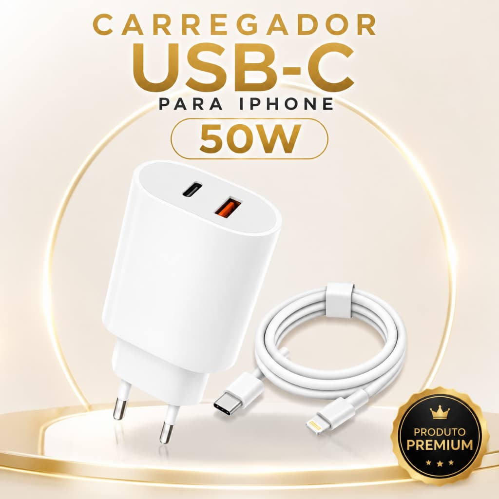 Carregador Turbo 50W iPhone USB-C + Cabo Lightning Carga Rápida Compatível Apple Super Rápido